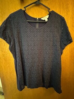 Market & Spruce Navy Lace-Overlay Short Sleeve Top